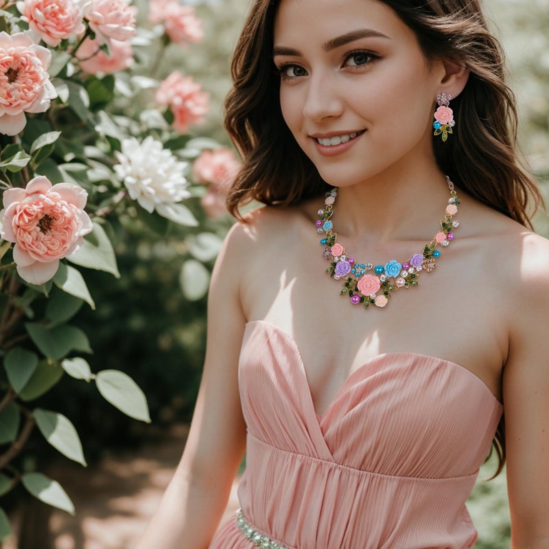 EVER FAITH Crystal Simulated Pearl Multicolor Rose Flower Leaf Bridal Necklace Pierced Earrings Set - Image 2